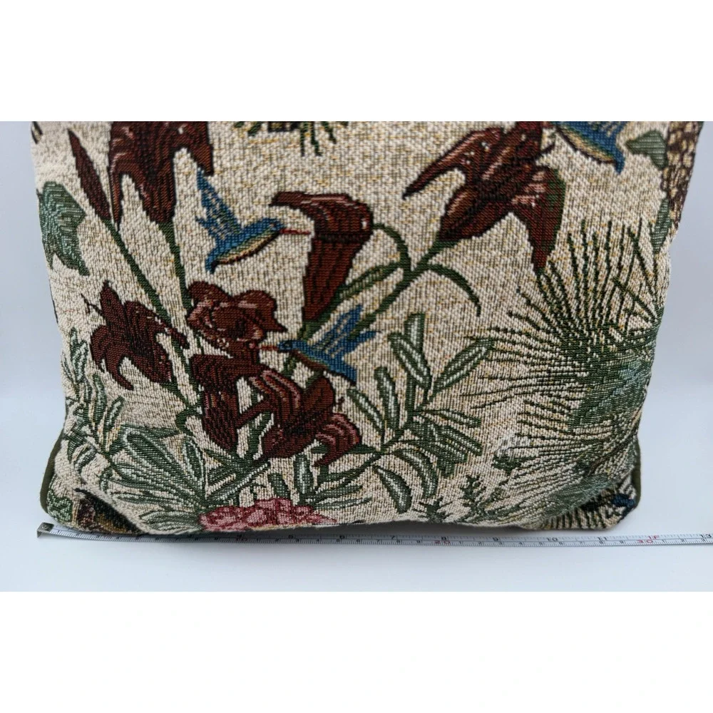 Vintage Tapestry Throw Pillow 12x12 Hummingbird Floral Botanical Pattern Cottage